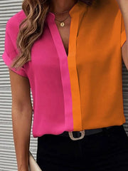 Short Sleeves Contrast Color Split-Joint V-Neck Blouses&Shirts Tops