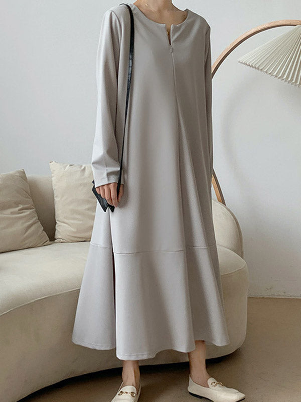 A-Line Long Sleeves Hollow Solid Color V-Neck Midi Dresses