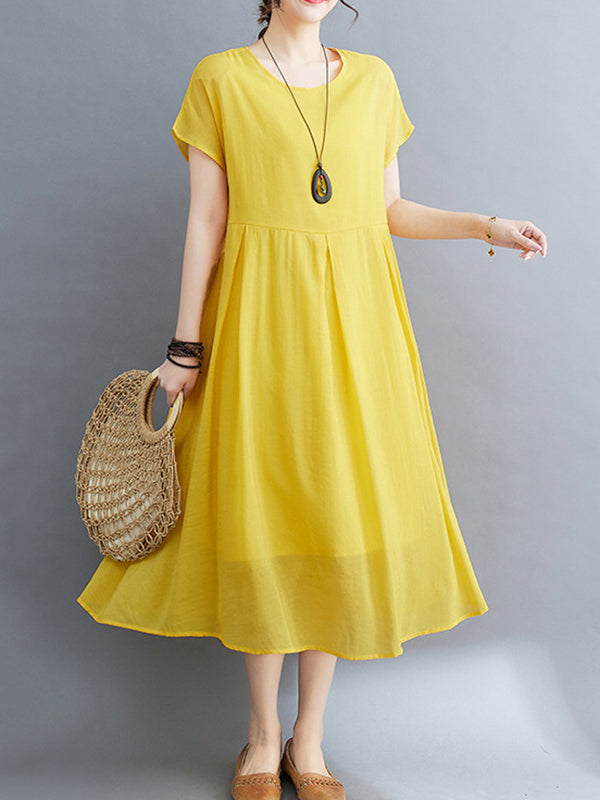 Loose Short Sleeves Solid Color Split-Joint Round-Neck Midi Dresses