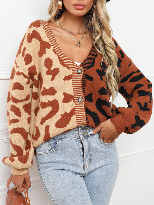 Long Sleeves Loose Buttoned Leopard Split-Joint V-Neck Cardigan Tops