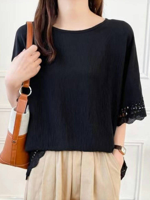 Flared Sleeves Half Sleeves Hollow Solid Color Round-Neck T-Shirts Tops