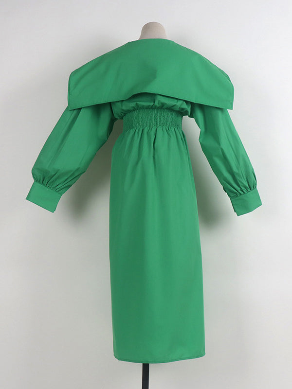 High Waisted Long Sleeves Asymmetric Belted Pleated Solid Color Lapel Midi Dresses