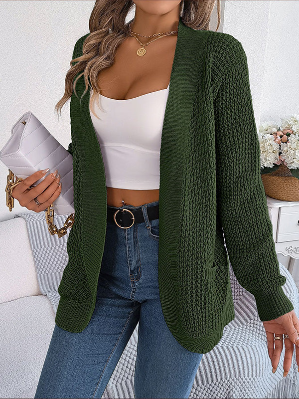 Long Sleeves Loose Pockets Solid Color Collarless Cardigan Tops