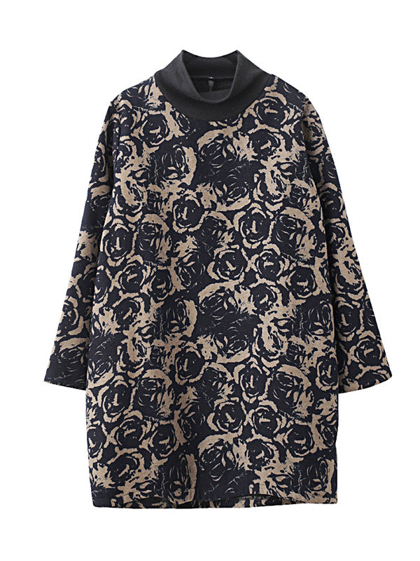 Artistic Retro Loose Long Sleeves Keep Warm Floral Printed High-Neck Mini Dresses