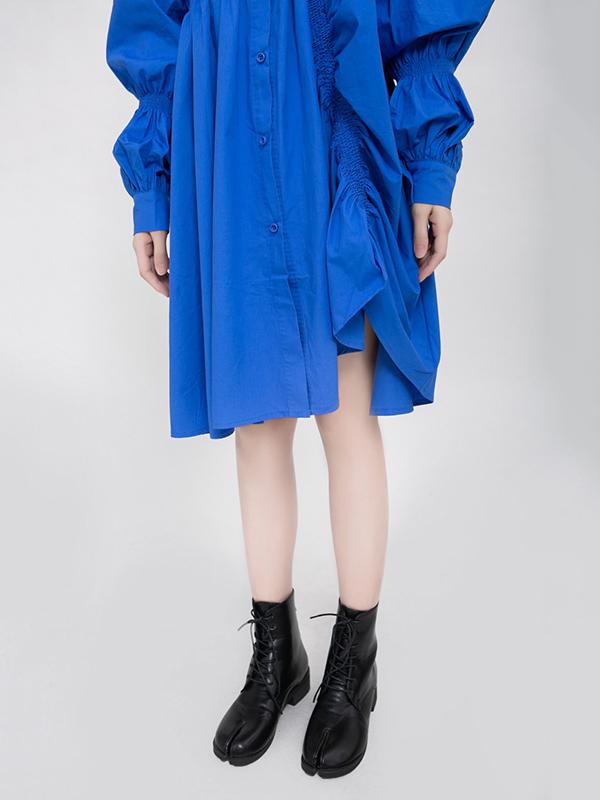 Blue Loose Pleated Cropped Blouse Dress