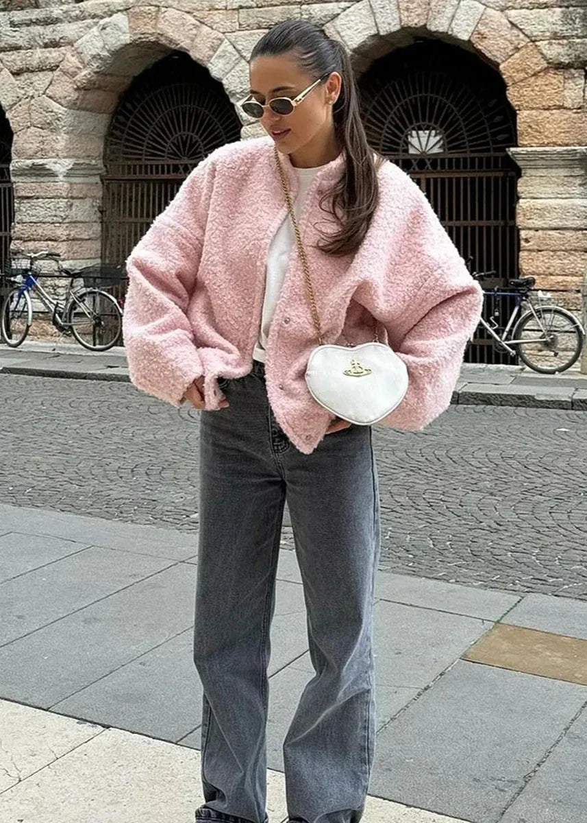 Cozy Pink Drop Shoulder Stand Collar Jacket