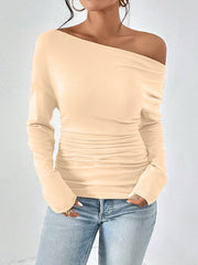 Long Sleeves Skinny Solid Color One-Shoulder T-Shirts Tops