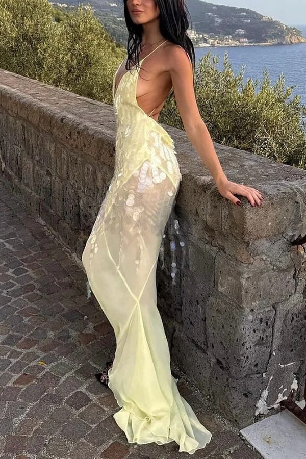 Deep V Neck Sequins Fishtail Hem Backless Gowns Slip Maxi Dresses-Yellow