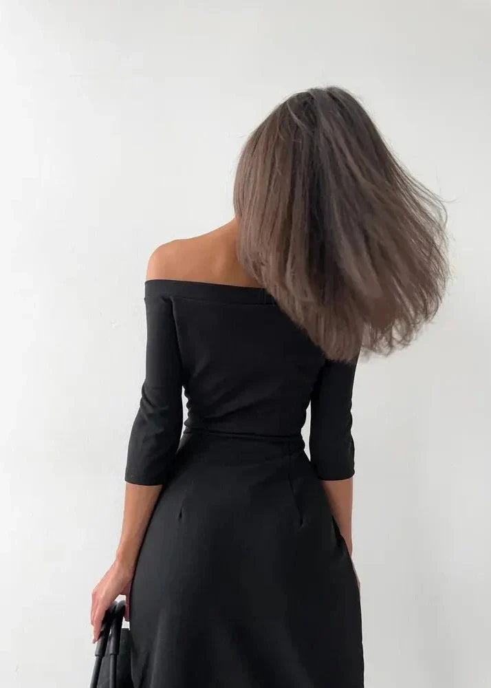 Elegant Off-Shoulder Slit Dress - Long Sleeve Waist Tie