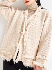 Long Sleeves Loose Buttoned Fringed Solid Color V-Neck Cardigan Tops