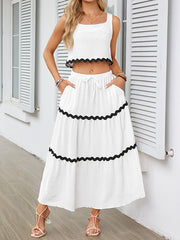 Sleeveless Striped Square-Neck Vest Top + A-Line High Waisted Drawstring Elasticity Pockets Skirts Bottom Two Pieces Set