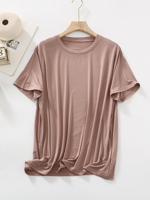 Loose Short Sleeves Solid Color Split-Joint Round-Neck T-Shirts Tops