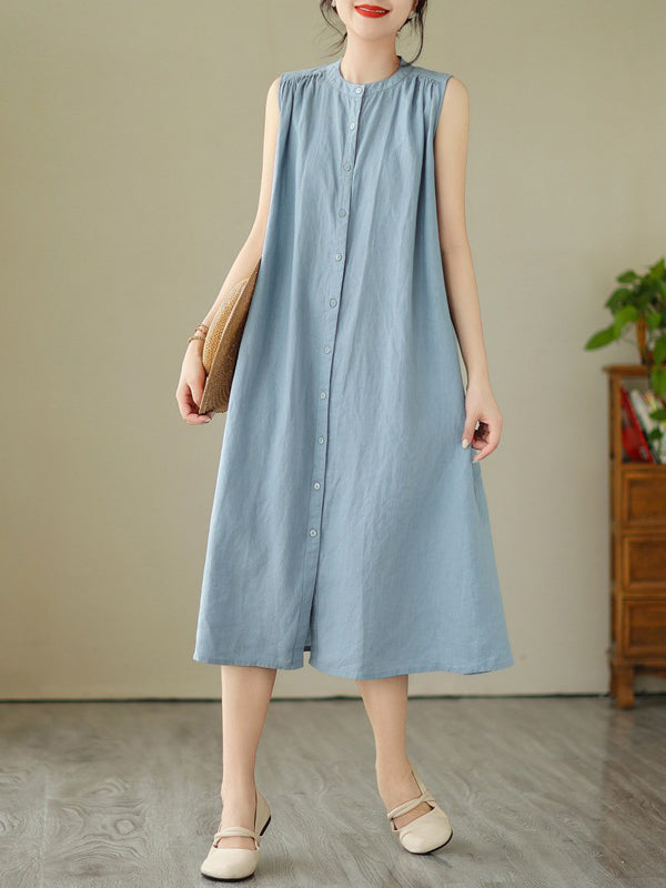 A-Line Sleeveless Buttoned Pleated Solid Color Round-Neck Midi Dresses