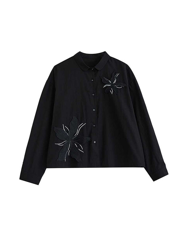 Long Sleeves Loose Applique Buttoned Embroidered Lapel Blouses&Shirts Tops