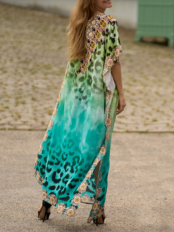 Batwing Sleeves Loose Leopard Printed Split-Side V-Neck Beach Cover-Up Maxi Dresses