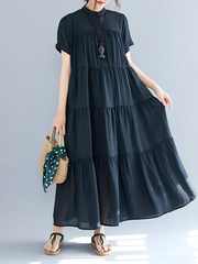 Vintage Loose Split-Joint Pleated Short Sleeves Round-Neck Midi Dress