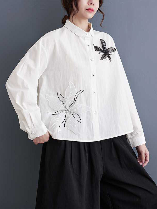 Long Sleeves Loose Applique Buttoned Embroidered Lapel Blouses&Shirts Tops