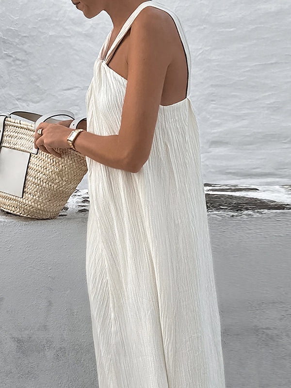 Loose Sleeveless Pleated Solid Color Spaghetti-Neck Maxi Dresses