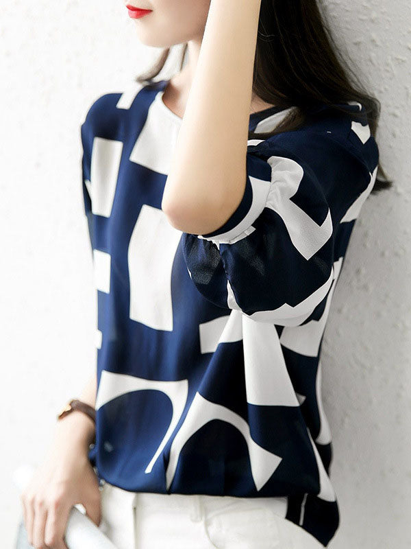 Loose Three-Quarter Sleeves Printed Split-Joint Round-Neck Blouses&Shirts Tops