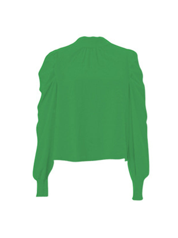 Casual Long Sleeves Puff Sleeves Pleated Solid Color Half Turtleneck Blouses&Shirts Tops