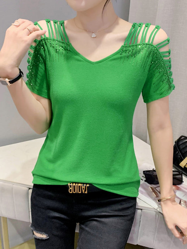 Loose Raglan Sleeve Hollow Rhine Stones Solid Color Split-Joint V-Neck T-Shirts Tops