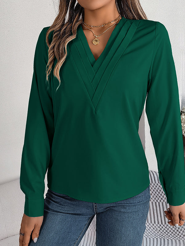 Long Sleeves Loose Pleated Solid Color Split-Joint V-Neck T-Shirts Tops