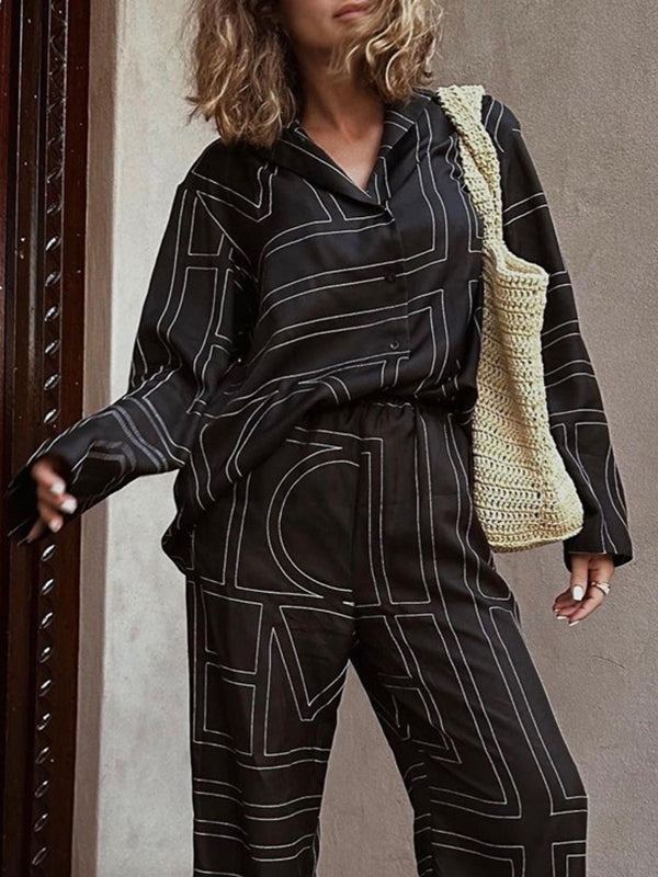 Long Sleeves Loose Buttoned Printed Split-Joint Notched Collar Blouses Tops + Elasticity Pants Bottom Two Pieces Set