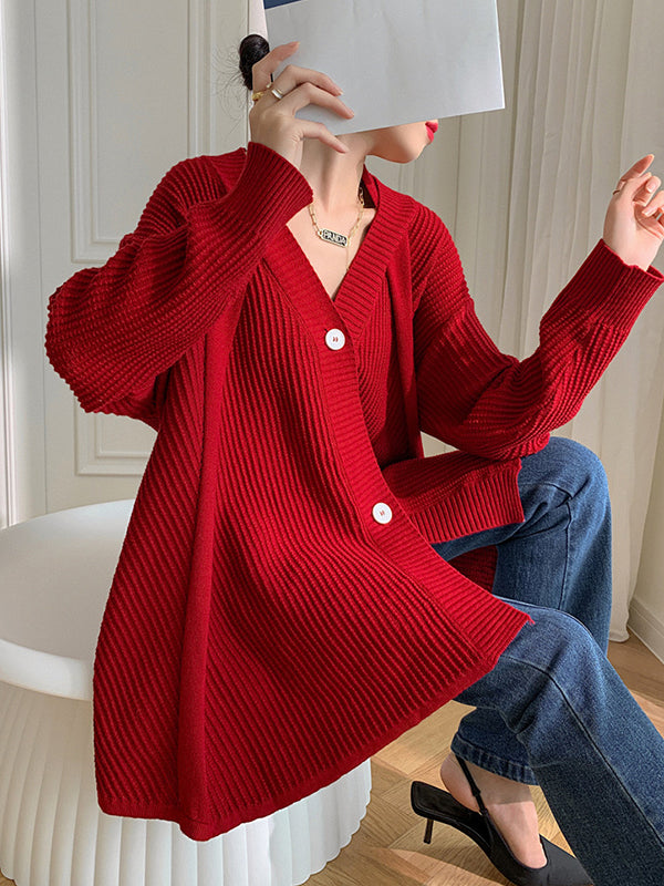 Stylish A-Line Long Sleeves Loose Solid Color V-Neck Cardigan Tops