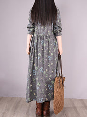 Vintage Floral Printed Ramie Cotton Loose Midi Dress