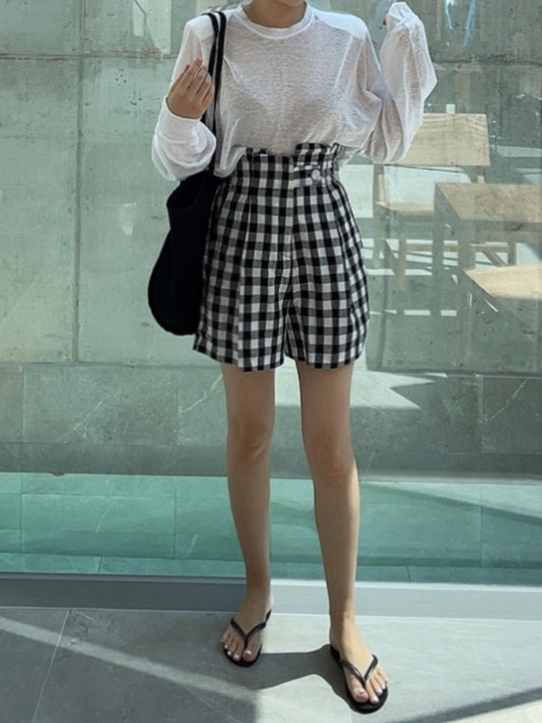 High Waisted Loose Buttoned Elasticity Plaid Shorts Bottoms