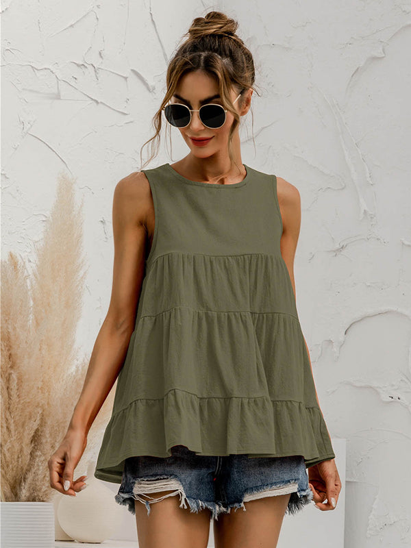 Casual Loose Sleeveless Split-Joint Solid Color Round-Neck Vest Top