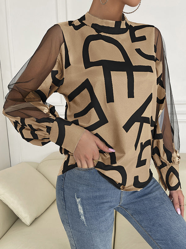 Long Sleeves Buttoned Hollow Letter Print See-Through Split-Joint Round-neck Blouses&shirts Tops Shirts Tops