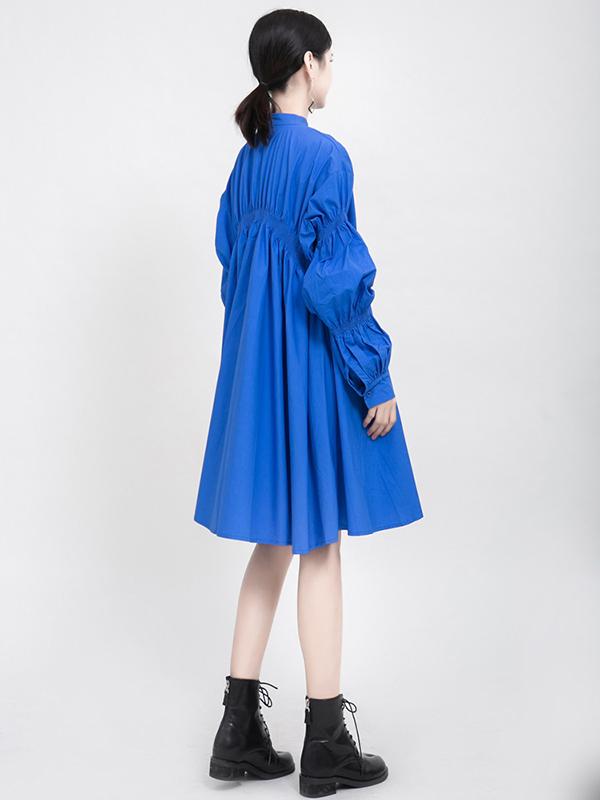 Blue Loose Pleated Cropped Blouse Dress