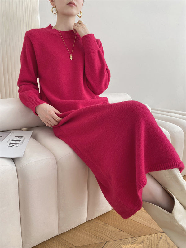 Urban Loose Long Sleeves Solid Color Round-Neck Sweater Dresses