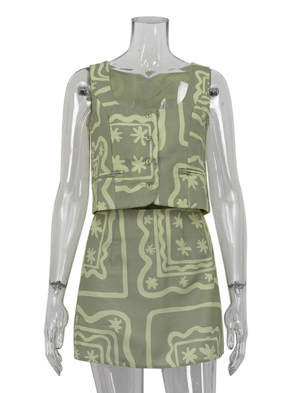 Loose Sleeveless Buttoned Pockets Printed Split-Joint Square-Neck Vest Top + Skirts Bottom Two Pieces Set