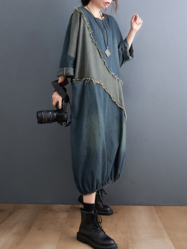 Original Loose Denim Contrast Color Round-Neck Long Sleeves Midi Dress