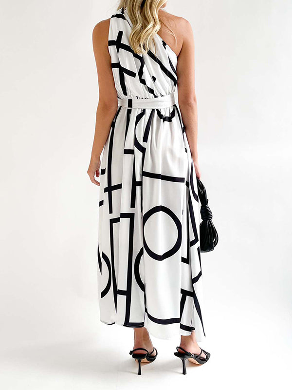 Loose Sleeveless Bandage Contrast Color Hollow Printed One-Shoulder Midi Dresses