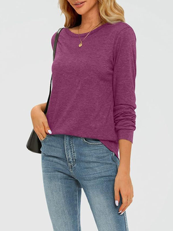 Long Sleeves Loose Solid Color Round-Neck T-Shirts Tops