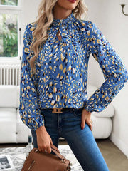 Long Sleeves Loose Elasticity Hollow Printed Mock Neck Blouses&Shirts Tops