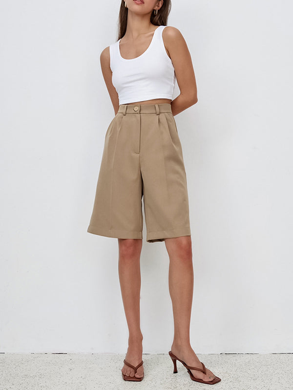 High Waisted Loose Pleated Solid Color Split-Joint Half Pants Shorts Bottoms