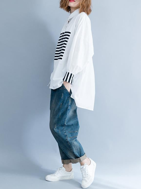 Stripe Split-joint White Shirt