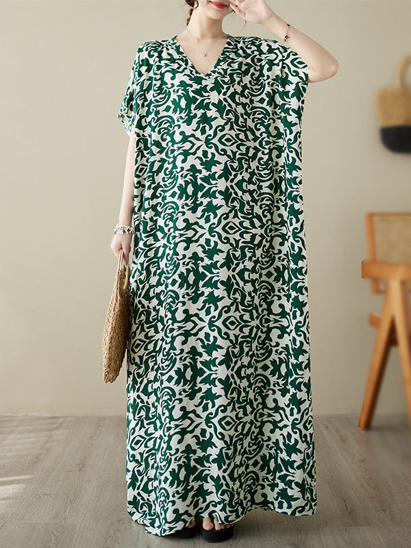 Batwing Sleeves Loose Floral Printed V-Neck Maxi Dresses