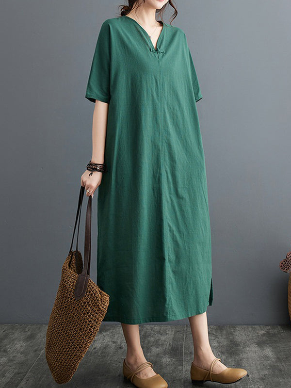 A-Line Loose Chinese Frog Buttons Pockets Solid Color Split-Side V-Neck Midi Dresses