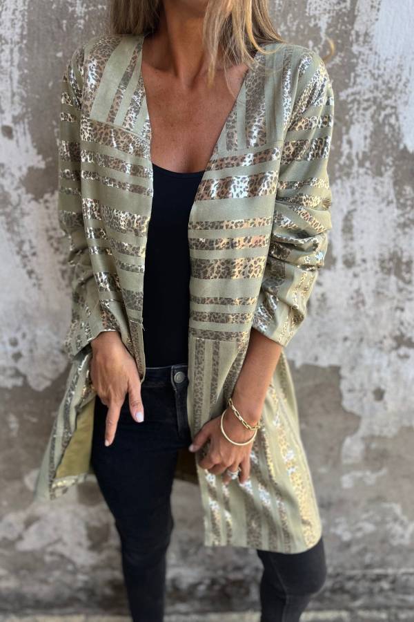 Fashionable Gold Foil Leopard Print Suede Long Sleeve Loose Pocket Midi Coat