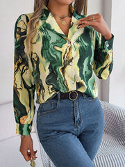 Long Sleeves Loose Buttoned Printed Notched Collar Blouses&Shirts Tops