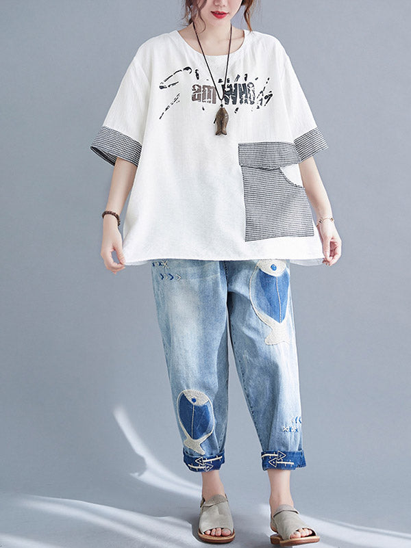 Original Letter Print Split-Joint Round-Neck T-Shirts Tops