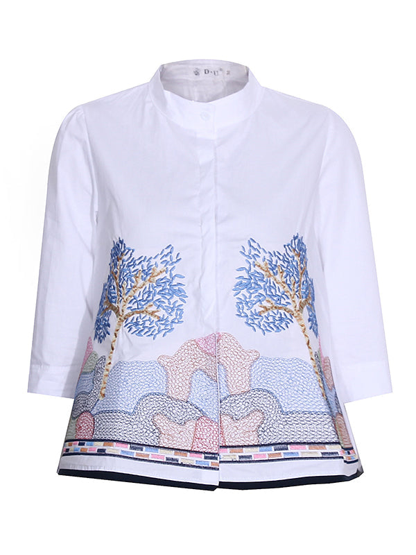 Casual Three-Quarter Sleeves Loose Embroidered Stand Collar Blouses&Shirts Tops