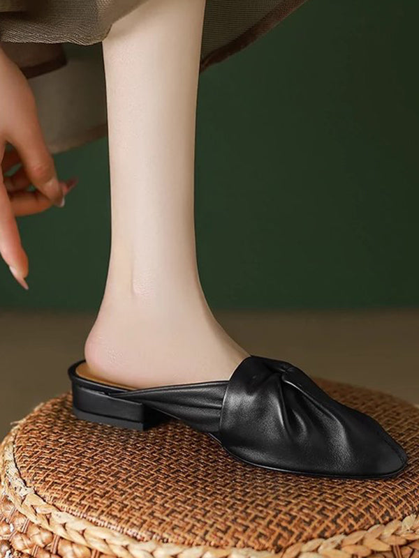 Hollow Pleated Round-Toe Split-Joint Slippers&Mules