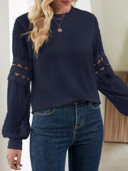 Long Sleeves Puff Sleeves Hollow Solid Color Split-Joint Round-Neck T-Shirts Tops