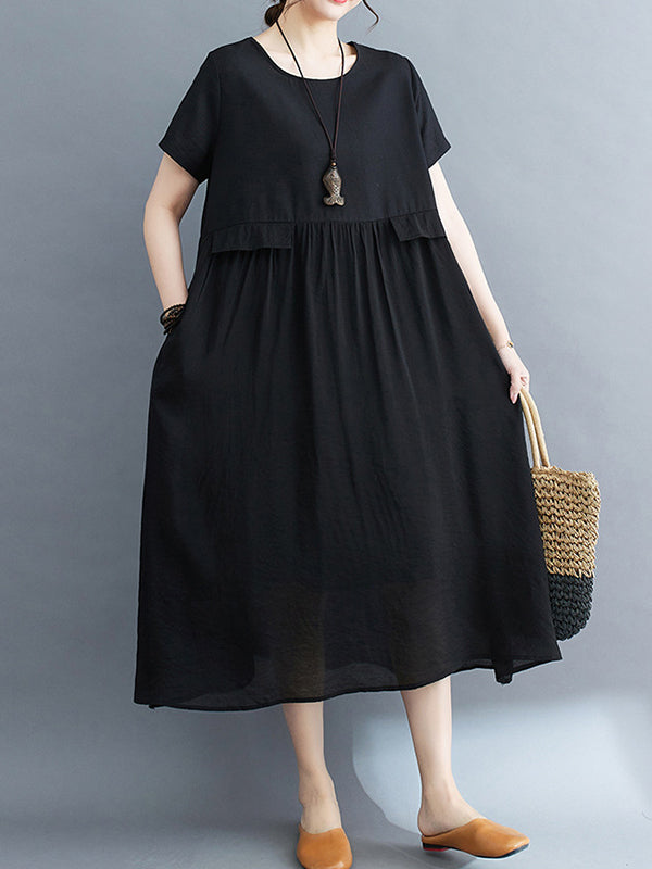 Loose Short Sleeves Gauze Solid Color Split-Joint Round-Neck Midi Dresses